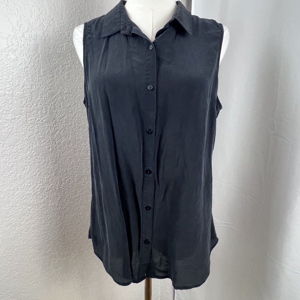 100% Silk Top Womens Large Black Sheer Button Up Sleeveless Minimal Quiet Luxury